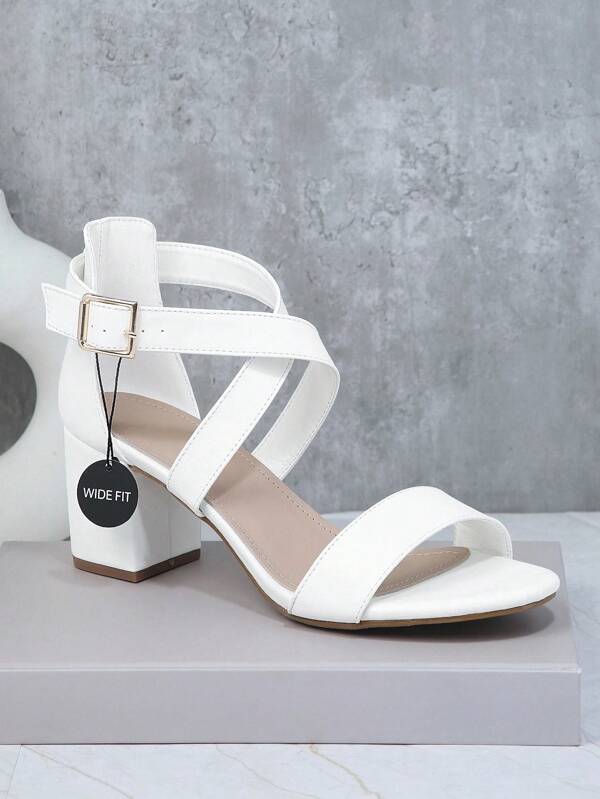SHUZIA Women Shoes Wide Fit Buckle Strap Round Toe Block Heel Classic Timeless White Sandal Heel