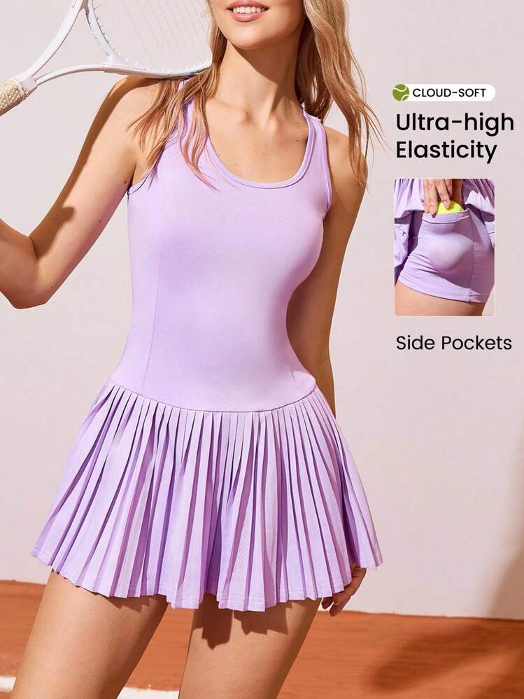 CourtClass 女式交叉露背百褶下摆修身运动连衣裙，夏季 - 紫色 - 查看 1