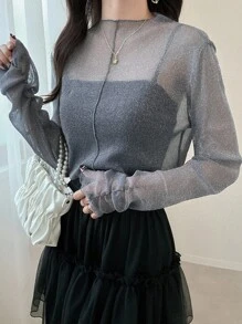 FRIFUL Women's Casual Slim Fit Sheer Mesh Layered High Neck Long Sleeve Blouse With Ruched Cuffs, Versatile For Autumn - Grey - View 4