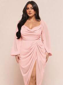 SHEIN BAE 大码女式优雅派对约会性感闪光亮片垂坠领褶饰不对称下摆开衩长袖连衣裙，豌豆绿 - 珊瑚粉 - 查看 6