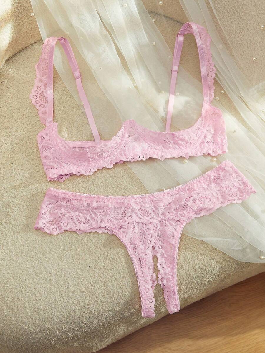 SpicyHot 2pcs/Set Women Lace Embellished Underwire Bra And Open-Crotch Panty Lingerie Set Pink Lace Lingerie Set Lace Thong Set, Going Out - Pink - View 1