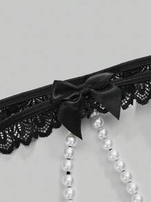 ROMWE Kawaii 性感蕾丝珍珠镂空内衣套装 - 黑色 - 查看 4