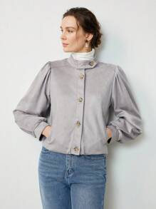 Uhlyne 女士时尚仿麂皮面料基础款 Polo 领拉链短款外套，长袖，适合秋冬季节穿着，简约风格，适合工作、教师、返校季、秋季、中性色、商务休闲等场合，灰色，复古绅士风灰色外套，休闲春季 - 灰色 - 查看 7