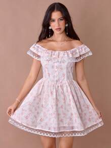 Enchnt Summer Romantic Women's Apricot Floral Hollow Embroidered&Print Lace Off-Shoulder Sleeveless Cute Princess Mini Dress - Multicolor - View 4