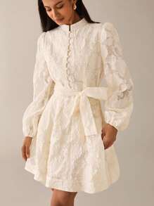 Lilora Elegant Sweet Jacquard Texture Premium Quality Stand Collar Cinched Waist Big A-Line Front Button Puff Lantern Sleeve Short Women's Dress, Spring/Summer Creme Dress Victorian Vintage Style Dress French Style Dress Ivory Dress Urban Style - Beige - View 5