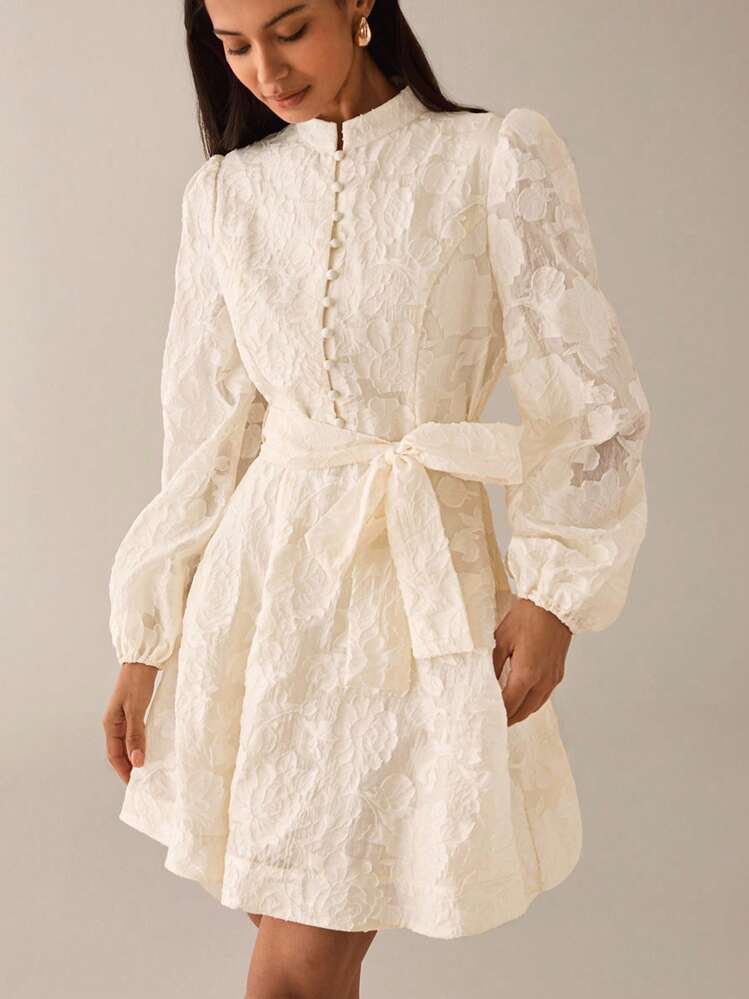 Lilora Elegant Sweet Jacquard Texture Premium Quality Stand Collar Cinched Waist Big A-Line Front Button Puff Lantern Sleeve Short Women's Dress, Spring/Summer Creme Dress Victorian Vintage Style Dress French Style Dress Ivory Dress Urban Style - Beige - View 5