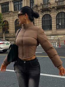 DAZY Vintage Solid Color Cinched Waist Padded Cropped Elegant Padded Coat For Women, Thick & Warm Autumn/Winter Jacket - Brown - View 8