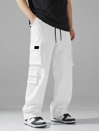 Manfinity Hypemode بنطلون رجالي بخصر مشدود وجيوب متعددة وساق واسعة، بنطلون كارجو أبيض رجالي، بنطلون رجالي فضفاض بساق مستقيمة، للخريف