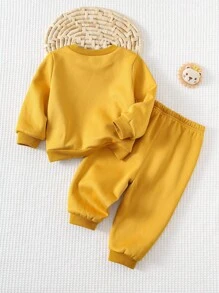 Cozy Pixies 2pcs Baby Boy Cartoon Lion Pattern Soft Knit Pullover Sweatshirt Sweatshirt With Ear Design And Elastic Waist Pants Set - Yellow - View 2