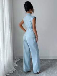 Rafferiza Franclia Women Fashion Lapel Ribbon Tie Waist Vest & Straight Leg Pants Suit Set Teacher Outfits Casual Outfits Spring - Blue - View 2