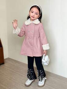 SHEIN 秋冬少女双面羊毛人造毛领系带夹克 - 紅白色 - 查看 4