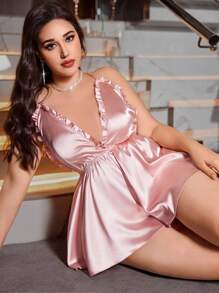 SilkySpell 1 件女式性感深 V 褶边吊带裙，优雅大码缎面连体睡衣，抽绳腰部可作为家居服在户外穿着