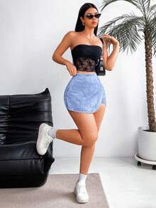 SHEIN Tall 女士休闲水洗裹身牛仔短裤 - 霧霾藍 - 查看 5