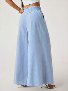 SHEIN Tall Damen-Freizeithose mit Taillenband, Streifenmuster, Taschen, weitem Bein, lockerem Schnitt und langer Passform, für große Frauen - Blau-Weiß - Übersicht 4