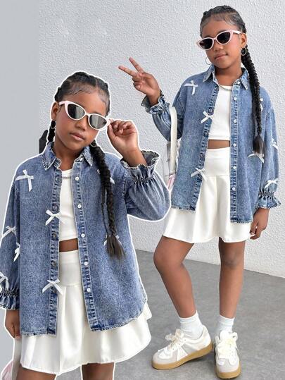 SHEIN Tween Girls Fall And Winter Y2k Distressed Street Style Blue Denim White Bowknot Long Sleeves Loose Fit Shirt,New Product,Girls Back To School Clothes Outfits,Girls Streetwear Outfits
