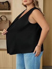 SHEIN CURVE+ Curve 大码/秋装/秋季女装/女士冬装/冬装大码女士休闲简约别致金属扣背心，杏金色纽扣，适合通勤、工作、上学季节、新年 - 黑色 - 查看 4