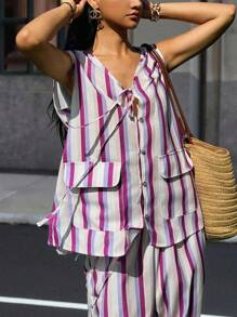 2 件套女士休闲条纹吊带背心和裤子套装 - 彩色 - 查看 5