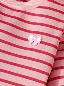 Blossori 年轻女孩法式优雅条纹刺绣宽松长袖连衣裙 - 淺粉色 - 查看 3