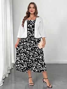 SHEIN Clasi 大码女式两件套，优雅黑白撞色办公室通勤时尚服装两件套裙子女士背心和裙子套装连衣裙配开衫套装黑白裙子黑白连衣裙 - 黑與白 - 查看 6