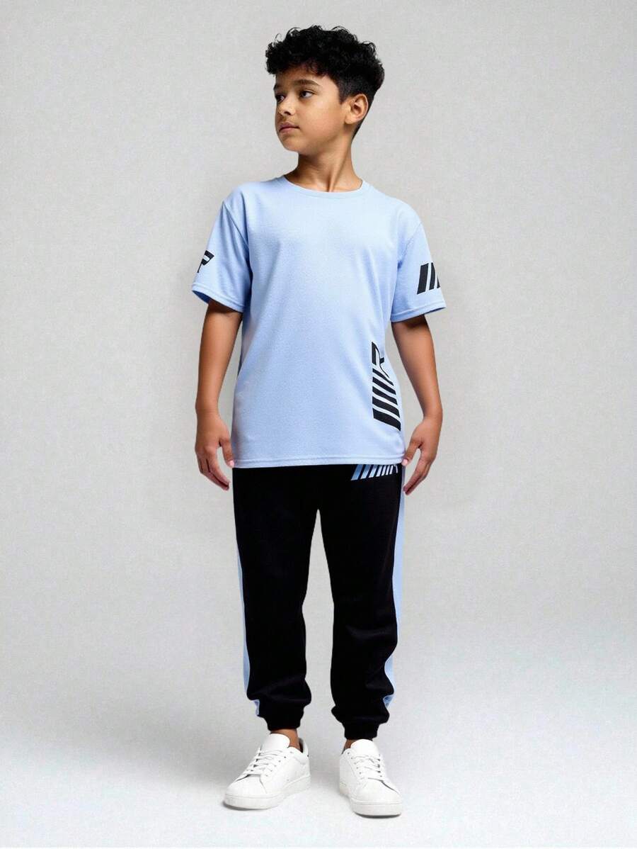 SHEIN 2-Pack Tween Boy Casual Light Blue Sports Set,Summer Streetwear Back-To-School Outfit With Pattern Splicing T-Shirt And Trousers For School Kids - Blue - View 1