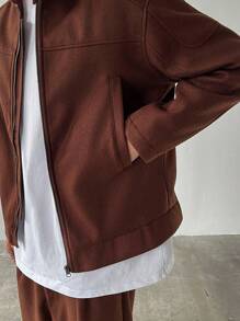 Manfinity Homme Áo khoác nam tay dài phong cách Hàn Quốc, kiểu dáng trưởng thành, chất liệu len trơn màu sáng, cổ cao nhỏ, khóa kéo bụng, thiết kế đường nối nhiều cấu trúc, phù hợp mặc hàng ngày, làm quà tặng cho bạn trai bạn bè - màu nâu - Xem 4