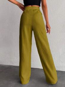 EURMUSE Pantalones largos con cordón de cintura de unicolor para mujeres de talla pequeña - Verde Oliva - Ver 2