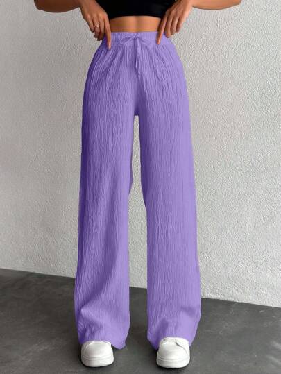 EURMUSE Petite Women's Solid Color Long Waist Drawstring Pants