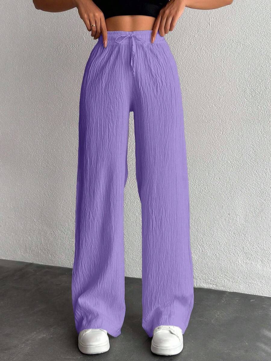 EURMUSE Petite Women's Solid Color Long Waist Drawstring Pants - Lilac Purple - View 1