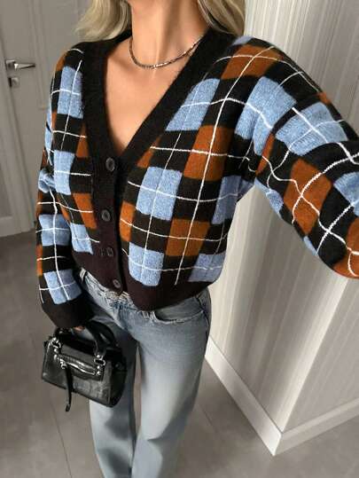 EURMUSE Vintage Argyle Crop Cardigan met knoopsluiting – Rood Blauw Zwart Geruit Breiwerk