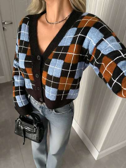 EURMUSE Cárdigan corto vintage de cuadros tipo argyle con botones delanteros - Punto a cuadros rojo, azul, negro