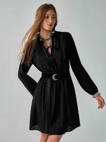 Chiquease Bohemian Romantic Lace Patchwork Dress For Women Black Dress Casual Black Dress Collared Dress Lace Dress Women Dress Fall Cloth For Women - Black - View 3