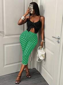 BamGleam Quần legging lửng cạp cao in chấm bi dành cho nữ, phong cách đường phố. - màu xanh lá - Xem 1