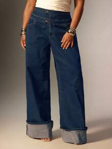 Denimoi Jeans in denim a vita alta con vita arricciata e gamba larga taglie comode