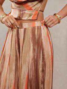 L'Amorae Women Abstract Satin Printed Wide Leg Pleated Pants, Summer Boho Back To School, Vacation