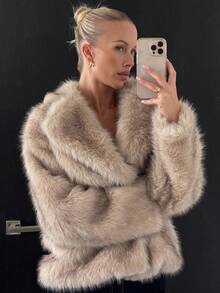 DAZY Plus Size Women Faux Fur Loose Lapel Cardigan Jacket, Autumn/Winter Women Coats - Khaki - View 3
