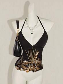 SHEIN ICON 女式 Y2K 风格花朵串珠刺绣不对称下摆露背吊带背心，波西米亚风时尚性感