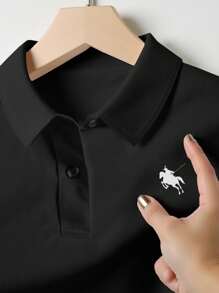 女式骑士印花短袖休闲 Polo 衫 - 黑色 - 查看 3