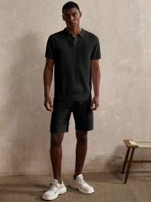 Manfinity Homme Men's Solid Color Polo Collar Short Sleeve Knit Top And Knit Shorts Set, Fall Clothes - Black - View 3