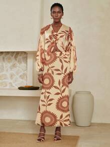 Aveloria Women Floral Print Chiffon Loose Two Pieces Set, Bat Wing Sleeves, Casual & Suitable For Holiday, 2pcs Women Chiffon Top & Vintage Floral Print Skirt Set, Bohemian Holiday Outfit Fall Women Clothes Fall Outfits Women Fall Autumn Clothes - Apricot - View 9