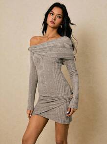 Poéselle Women's Chic Grey Knitted Off The Shoulder Mini Dress,Elegant Autumn Solid Asymmetrical Metal Buttoned Slim Fit Long-Sleeved Dress,Night Out Outfit - Khaki - View 5