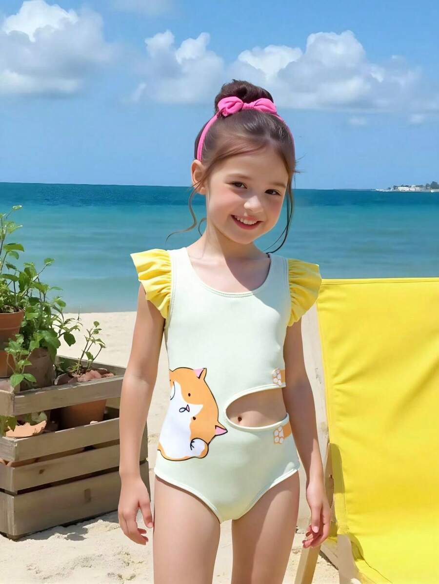 SHEIN 少女卡通印花镂空连体泳衣 - 彩色 - 查看 1