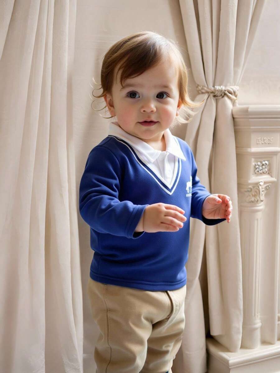 SHEIN Camiseta polo informal de manga larga para bebés niños en otoño, con estampado de caballo y color contrastante - Azul y blanco - Ver 1