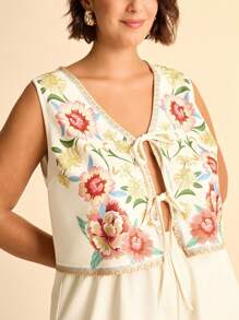 CAJUNI Plus Size Women Boho Vintage Holiday Casual Tropical Floral Print Tied Camisole Short Jacket And Shorts Set
