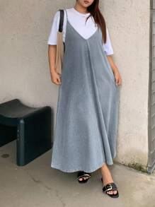 Dazy Plus Light Blue Washed Loose A-Line Denim Slip Dress, Summer Vacation Style - Light Wash - View 6