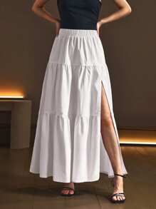 SHEIN Frenchy 女式新款优雅白色轻盈喇叭高腰开衩休闲牛仔长裙 - 白色 - 查看 5