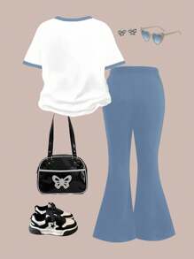 SHEIN Set de 2 piezas con parte superior de manga corta de cuello redondo con gráfico de dibujos animados y pantalones acampanados, apropiado para verano, para niña joven - Multicolor - Ver 2
