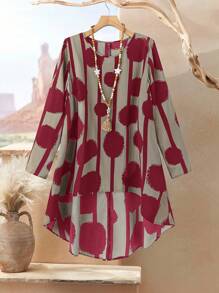 Rusticease Plus Size Women 2pcs Set Geometric Print Round Neck Long Sleeve Asymmetric Hem Top And Pants, Casual, Winter Set,Suitable For Early Autumn,Going Out Outfits,Western Outfits ,Women Vacation Outfits