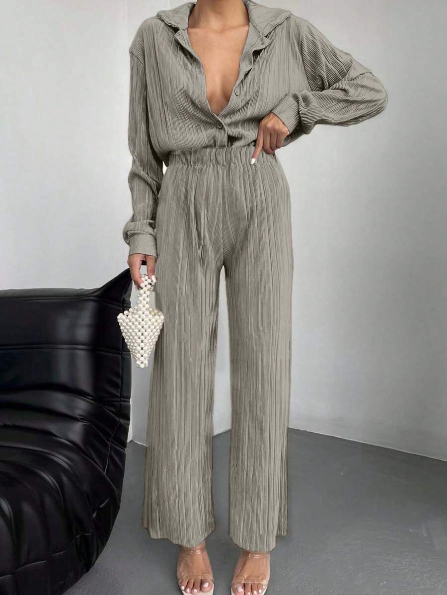 Drop Shoulder Plisse Shirt & Wide Leg Pants - Beige - View 1