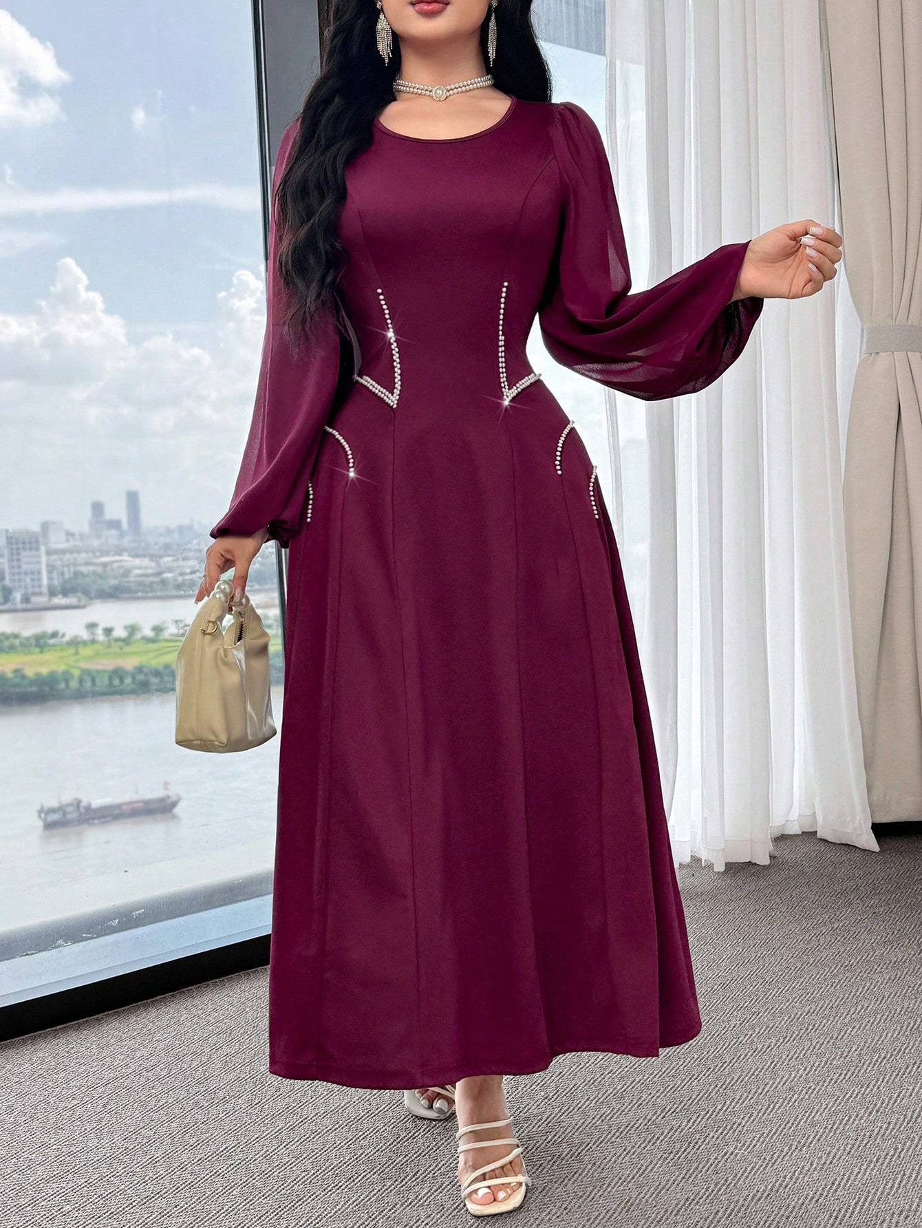 Modelyn فستان متوسط الطول للسيدات بأكمام فانوس كرو...