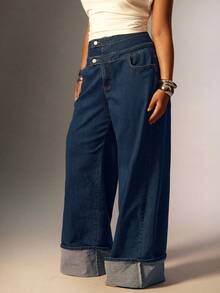 Denimoi Jeans in denim a vita alta con vita arricciata e gamba larga taglie comode